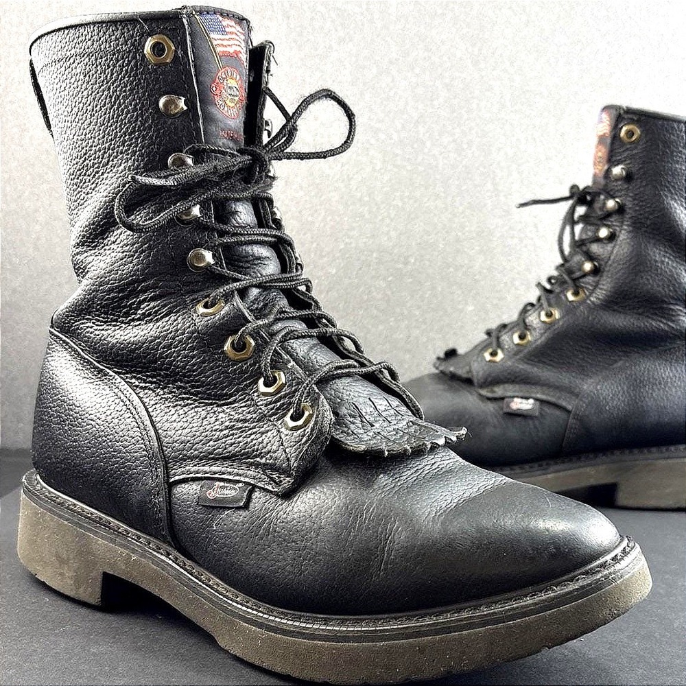 Justin Original Workboot Mens 8 EE‎ Black Leather Lace Up Kiltie Boots USA Made
